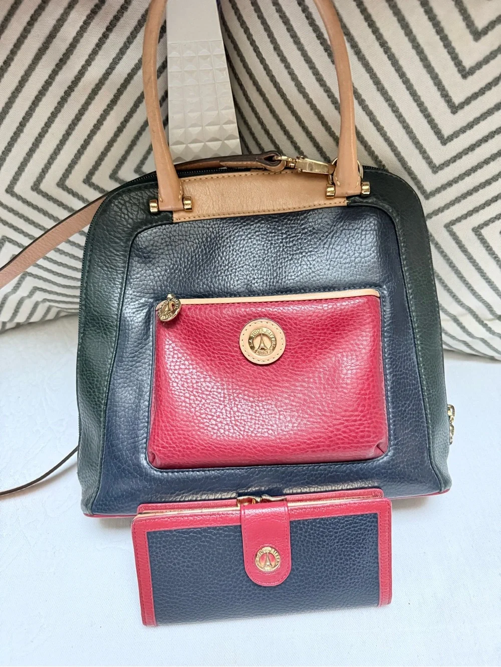 La Tour Eiffel Vintage  Tri Color Pebbled Leather Satchel with Matching Wallet